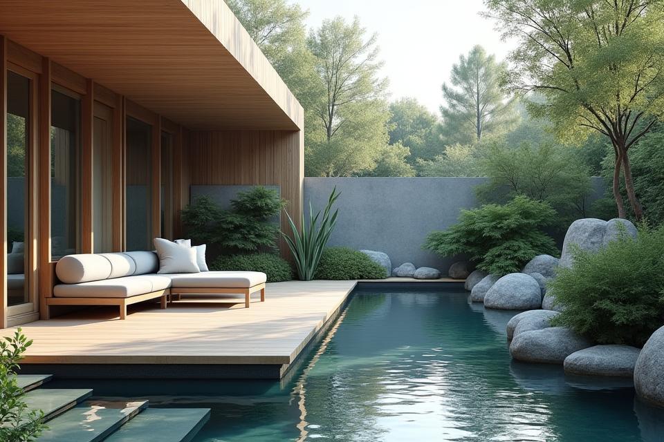 Salon de jardin avec espace zen aquatique